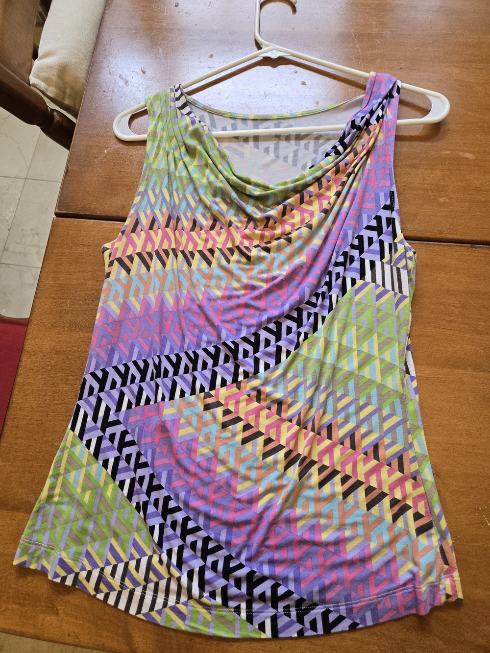 Sleeveless Draped Tank Top in Multicolor Geometric Print